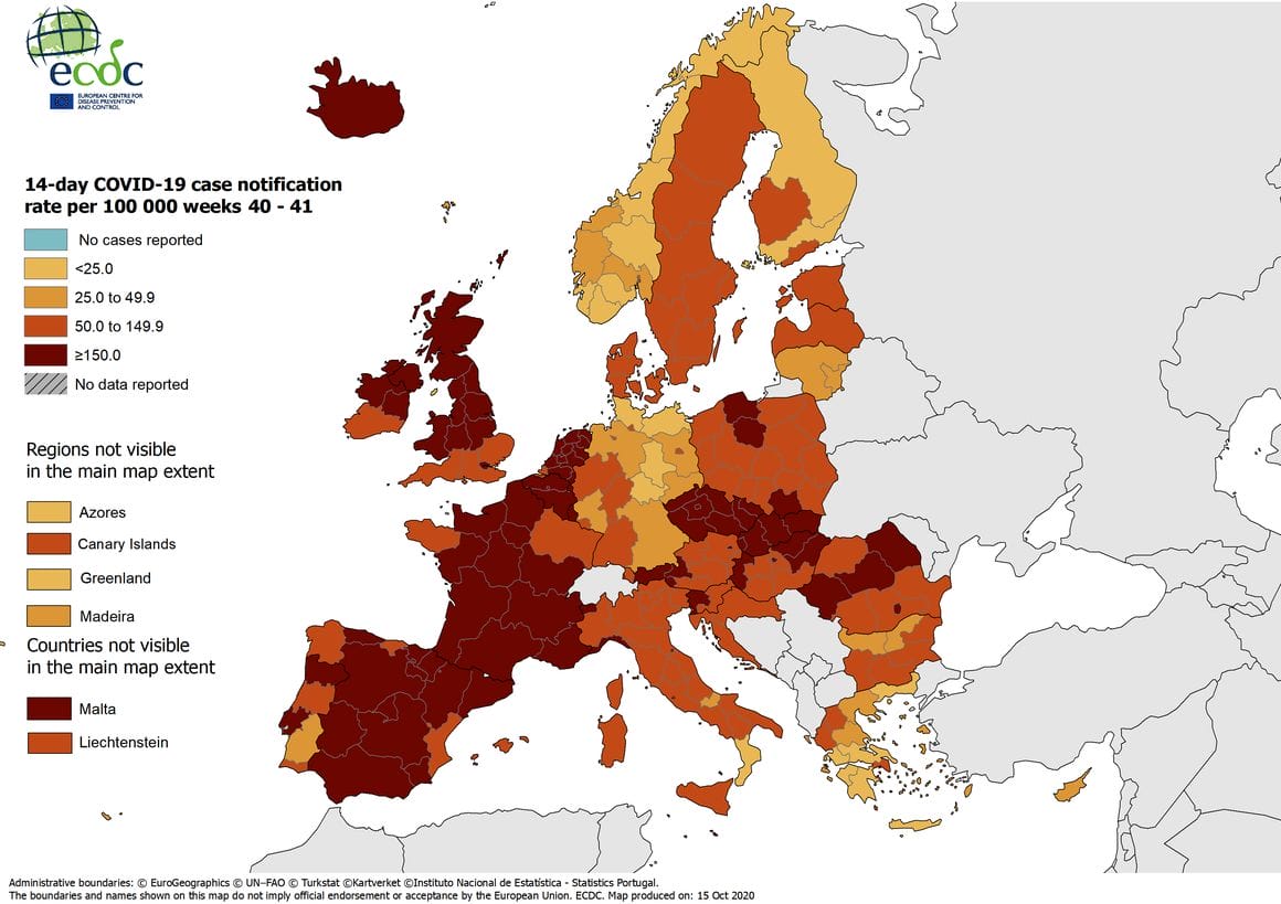 Pirmasis Covid 19 sviesoforo zemelapis paskelbtas beveik visa Europa raudonojoje zonoje